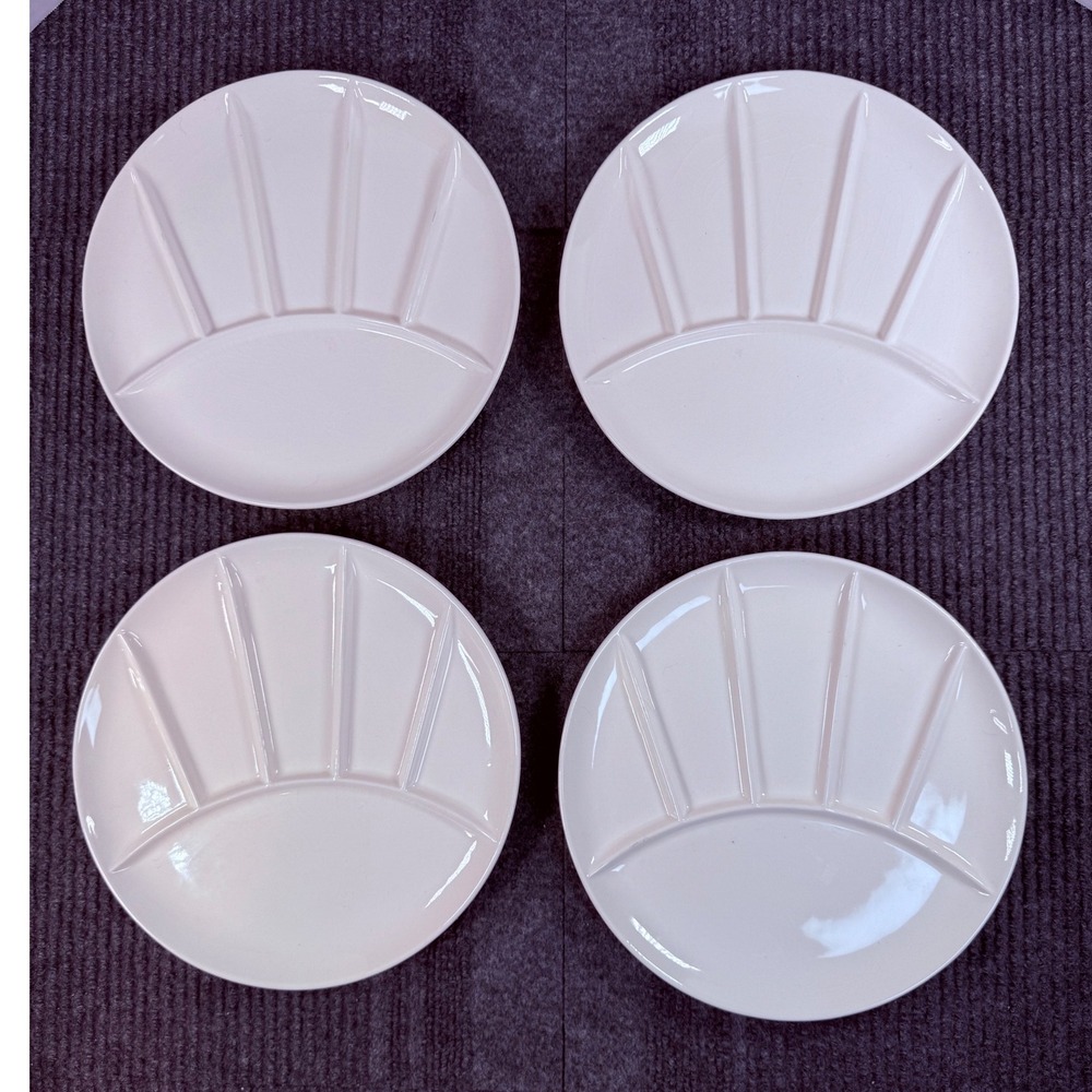 Vintage White Ceramic Divided Sushi Fondue Plates Set of 4 Sectioned Plates 9"